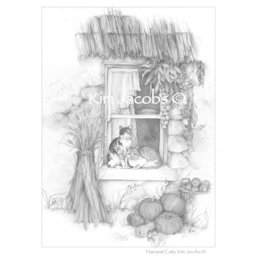Coloring Page PDF and/or JPEG to Download- HARVEST CATS -Grayscale Image